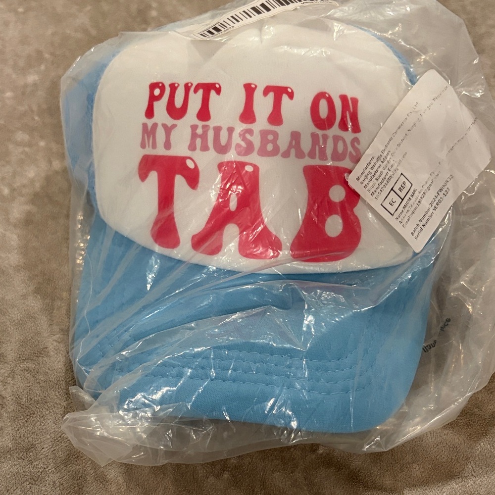 Put It On My Husbands Tab Blue and White Cap or hat with Pink Text